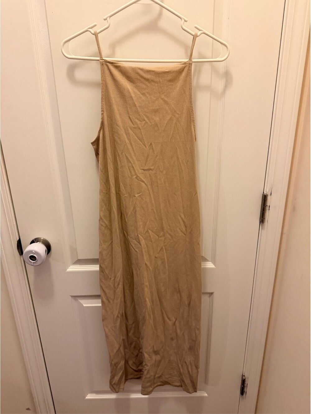 Old Navy Womens Midi Slip Dress Tan Ribbed Sleeveless Spaghetti Strap MED